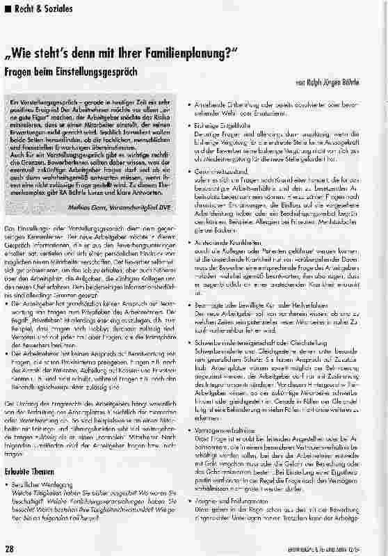 Vorschauseite 1: Wie stehts denn mit Ihrer Familienplanung? Fragen beim Einstellungsgespräch