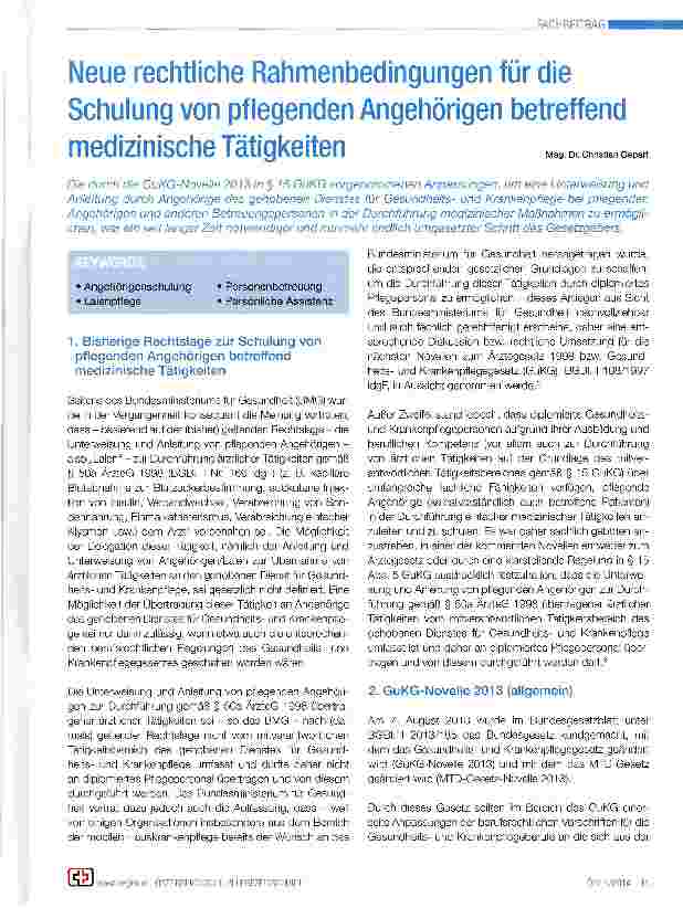 Vorschauseite 1: Neue rechtliche Rahmenbedingungen für die Schulung von pflegenden Angehörigen betreffendmedizinische Tätigkeiten