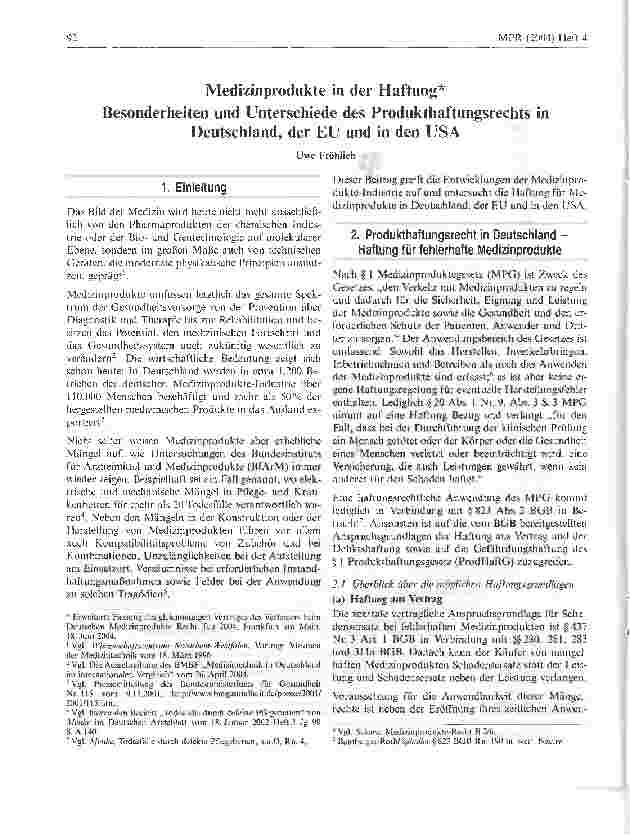 Vorschauseite 1: Medizinprodukte in der Haftung*Besonderheiten und Unterschiede des Produkthaftungsrechts in Deutschland, der EU und in den USA