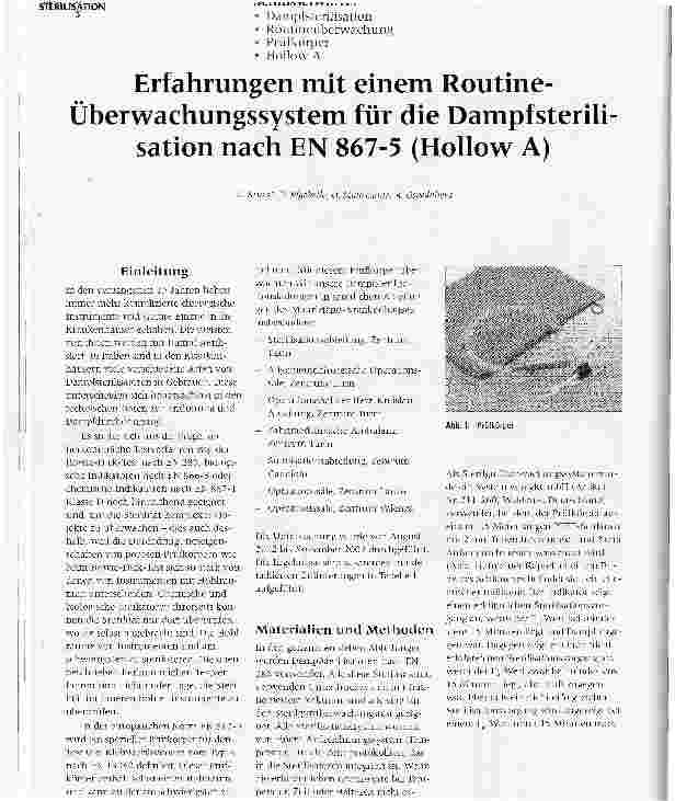Vorschauseite 1: Erfahrungen mit einem Routine-Überwachungssystem für die Dampfsterili sation nach EN 867-5 (Hollow A)