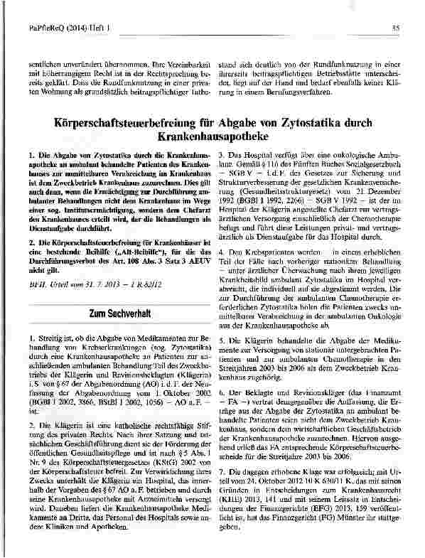 Vorschauseite 1: Körperschaftsteuerbefreiung für Abgabe von Zytostatika durchKrankenhausapotheke