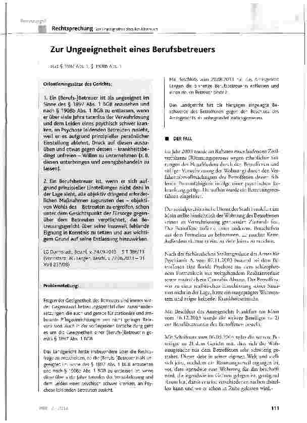 Vorschauseite 1: Zur Ungeeignetheit eines Berufsbetreuers BGB § 1897 Abs. 1, § 1908b Abs. 1