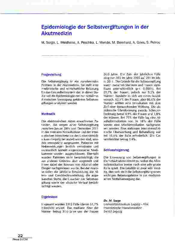 Vorschauseite 1: Epidemiologie der Selbstvergiftungen in der Akutmedizin