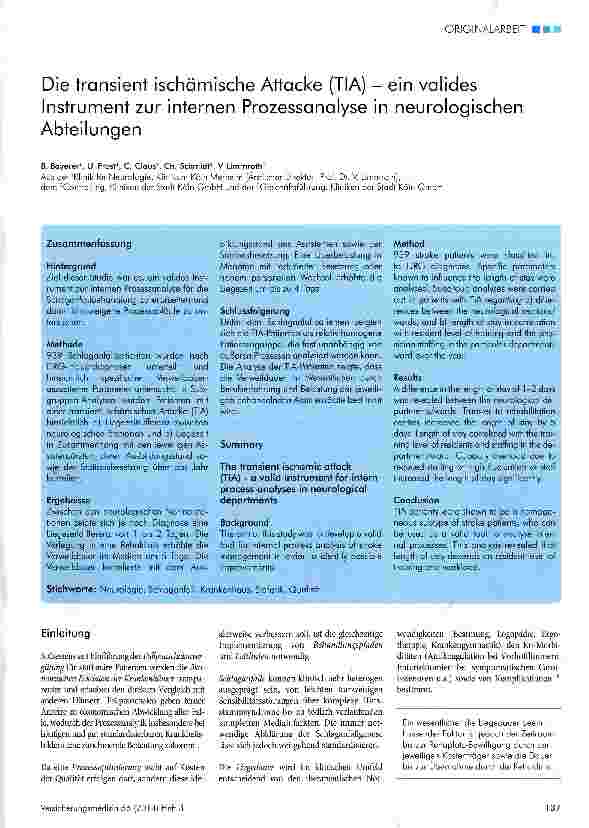 Vorschauseite 1: Die transient ischämische Attacke (TIA) - ein valides Instrument zur internen Prozessanalyse in neurologischen Abteilungen