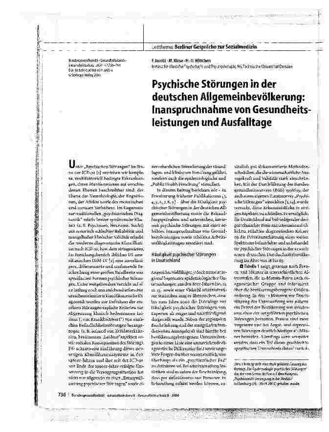 Vorschauseite 1: Psychische Störungen in der deutschen Allgemeinbevölkerung: Inanspruchnahme von Gesundheitsleistungen und Ausfalltage