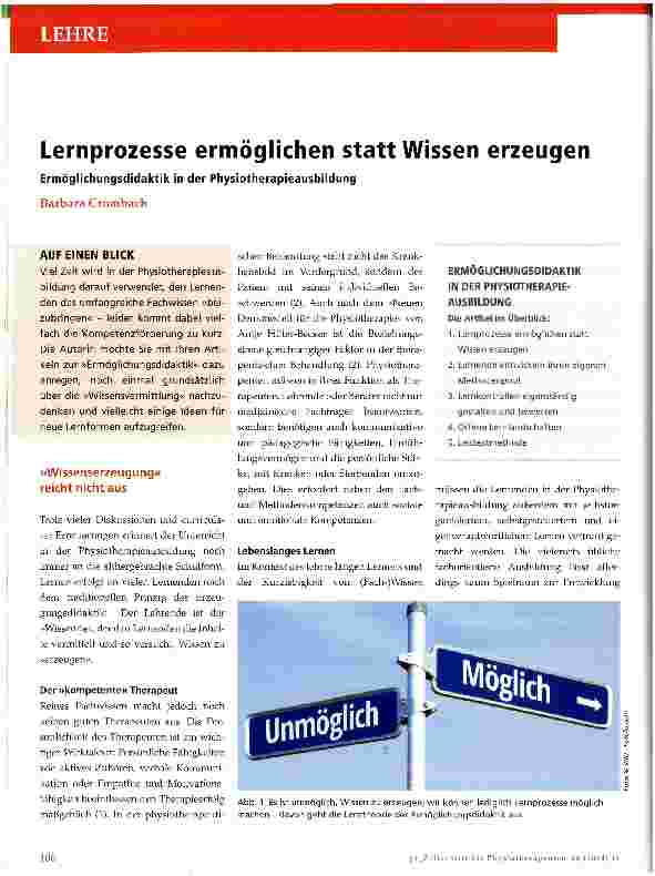Vorschauseite 1: Lernprozesse ermöglichen statt Wissen erzeugen Ermöglichungsdidaktik in der Physiotherapieausbildung