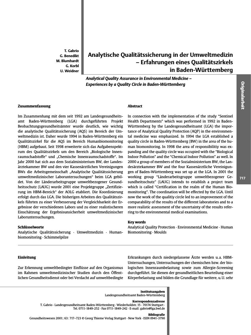 Vorschauseite 1: Analytische Qualitätssicherung in der Umweltmedizin - Erfahrungen eines Qualitätszirkels in Baden-Württemberg