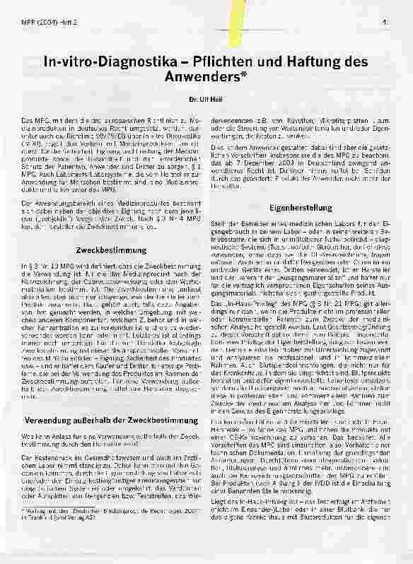 Vorschauseite 1: In-vitro-Diagnostika - Pflichten und Haftung des Anwenders