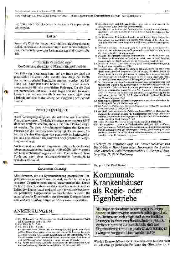 Vorschauseite 1: Kommunale Krankenhäuser als Regie oder Eigenbetriebe