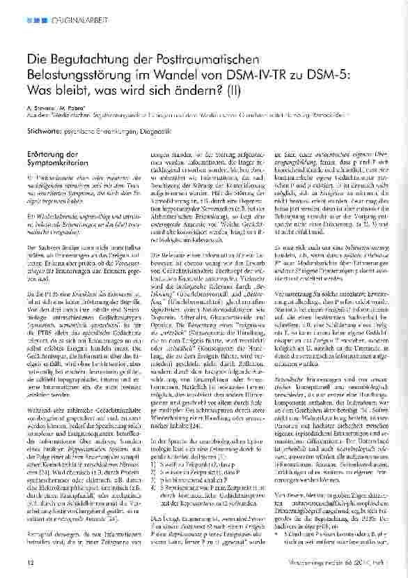Vorschauseite 1: Die Begutachtung der Posttraumatischen Belastungsstörung im Wandel von DSM-IV-TRzu DSM-5: Was bleibt, was wird sich ändern