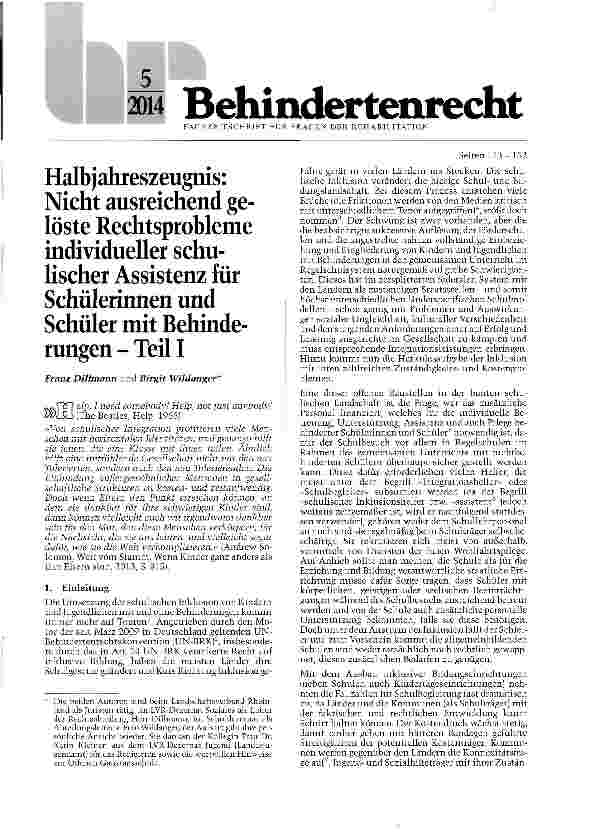 Vorschauseite 1: Halbjahreszeugnis: Nicht ausreichend ge-löste Rechtsprobleme individueller schu-lischer Assistenz für Schülerinnen und Schüler mit Behinde-rungen - Teil I