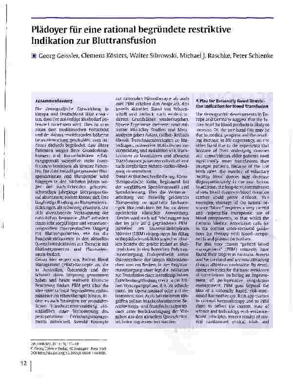 Vorschauseite 1: Plädoyer für eine rational begründete restriktive Indikation zur Bluttransfusion