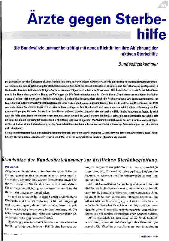 Vorschauseite 1: Ärzte gegen Sterbehilfe Die Bundesärztekammer bekräftigt mit neuen Richtlinien ihre Ablehnung der aktiven Sterbehilfe