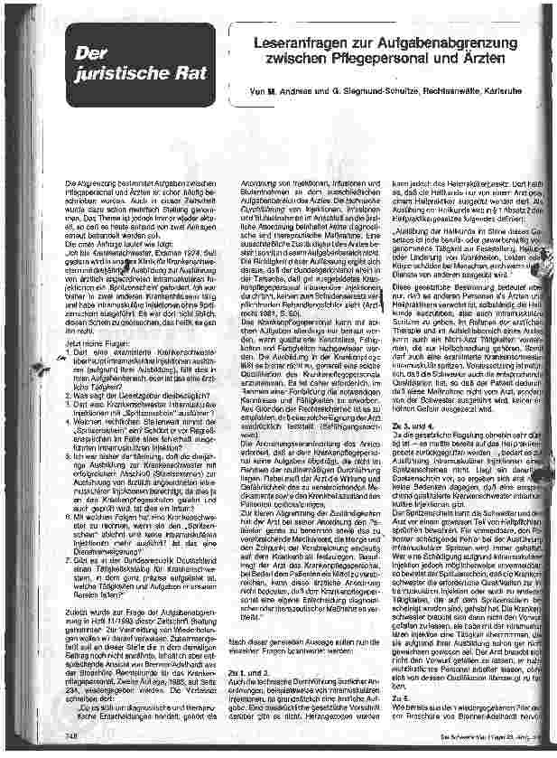 Vorschauseite 1: Der juristische Rat; Leseranfragen zur Aufgabenabgrenzung zwischen Pflegepersonal und Ärzten