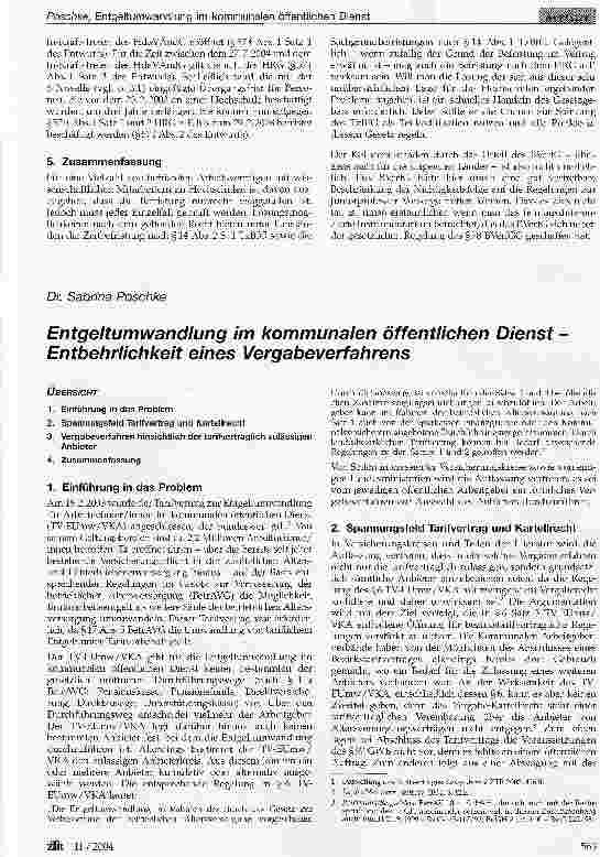 Vorschauseite 1: Entgeltumwandlung im kommunalen öffentlichen Dienst Entbehrlichkeit eines Vergabeverfahrens