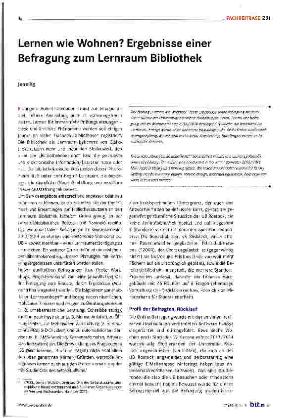 Vorschauseite 1: Lernen wie Wohnen? Ergebnisse einer Befragung zum Lernraum Bibliothek