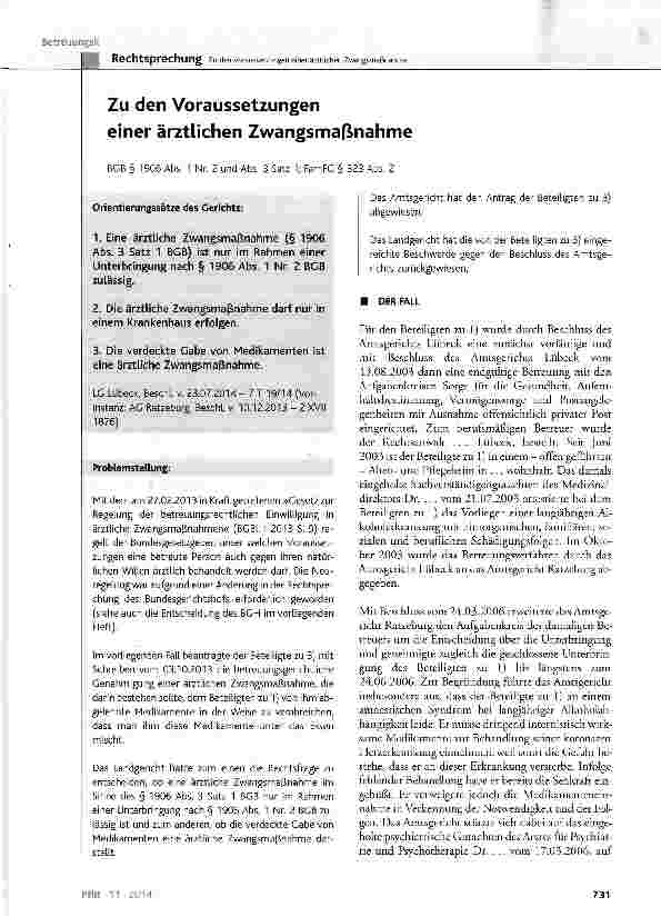 Vorschauseite 1: Zu den Voraussetzungen einer ärztlichen Zwangsmaßnahme BGB § 1906 Abs. 1 Nr. 2 und Abs. 3 Satz 1; FamFC § 323 Abs. 2