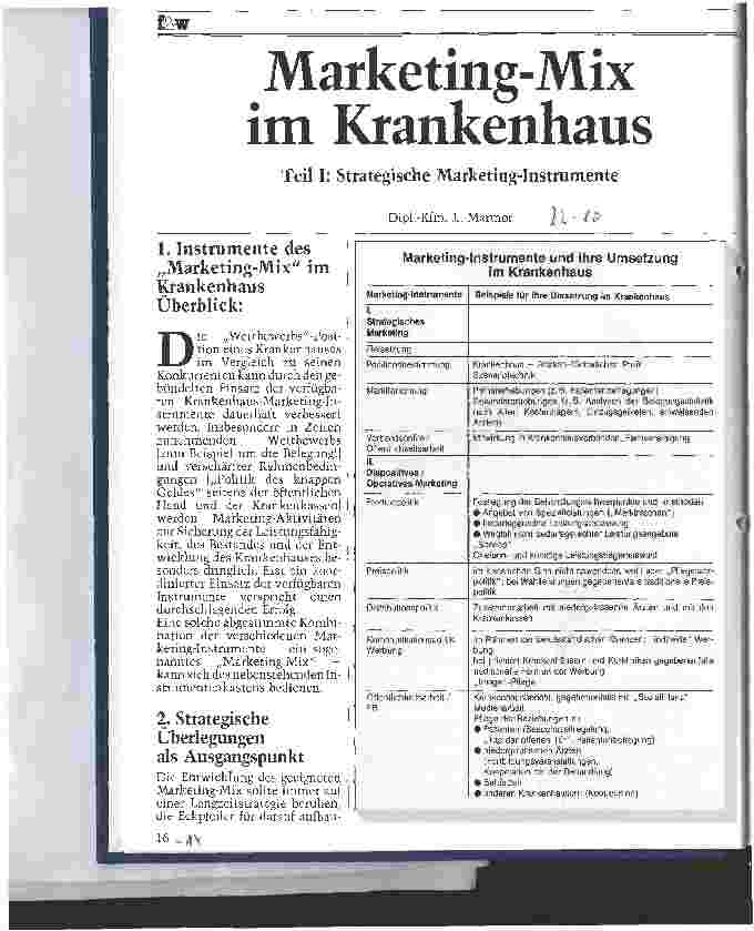 Vorschauseite 1: Marketing-Mix im Krankenhaus 1. Teil: Strategische Marketing-Instrumente
