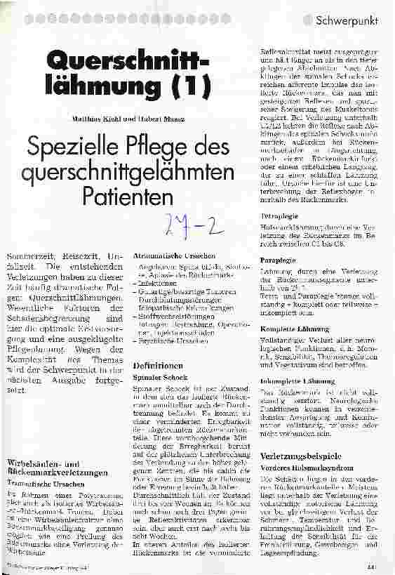 Vorschauseite 1: Querschnittlähmung (1) Spezielle Pflege des querschnittgelähmten Patienten