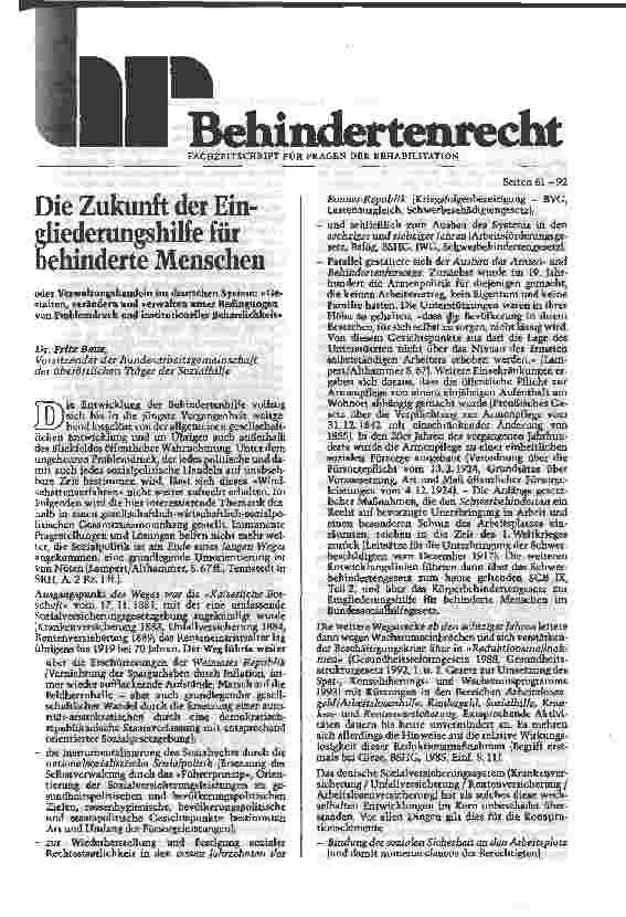 Vorschauseite 1: Die Zukunft der Eingliederungshilfe für Behinderte Menschen