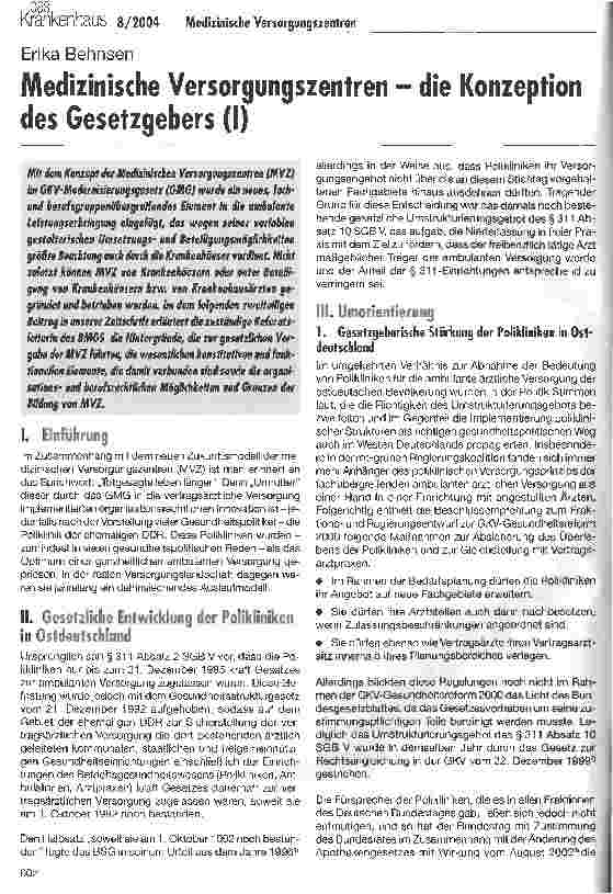 Vorschauseite 1: Medizinische Versorgungszentren - die Konzeption des Gesetzgebers (I)