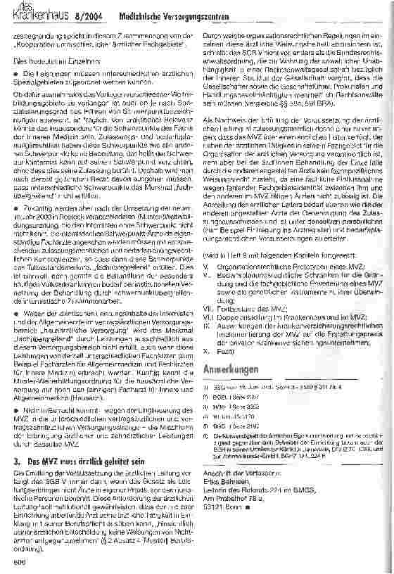 Vorschauseite 5: Medizinische Versorgungszentren - die Konzeption des Gesetzgebers (I)
