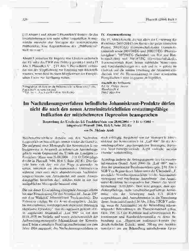 Vorschauseite 1: Im Nachzulassungsverfahren befindliche Johanniskraut-Produkte dürfen nicht die nach den neuen Arzneimittelrichtlinien erstattungsfähige Indikation der mittelschweren Depression be…