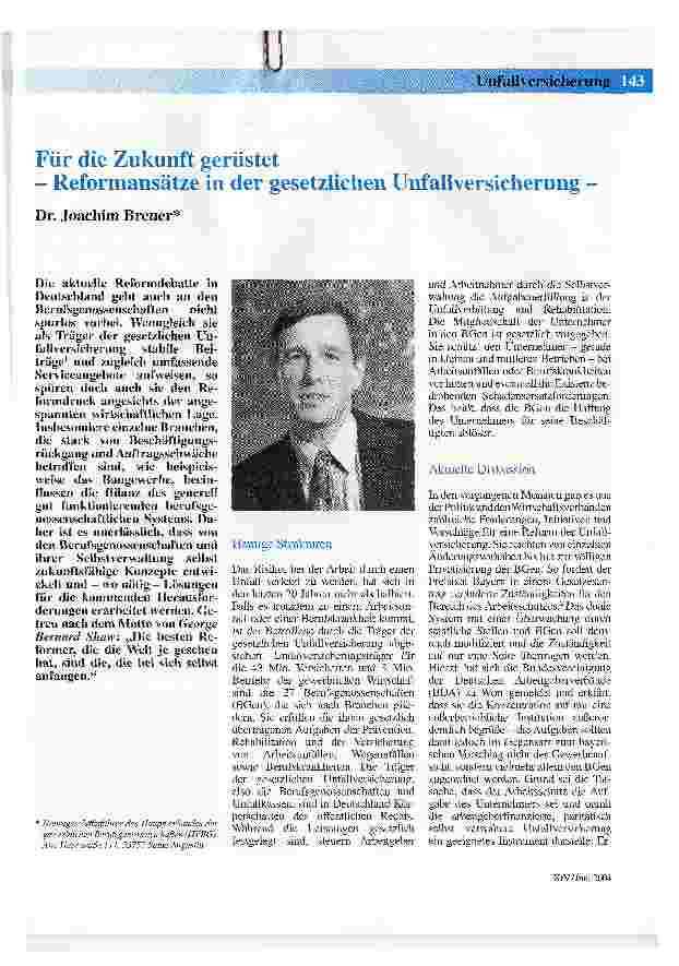 Vorschauseite 1: Für die Zukunft gerüstet - Reformansätze in der gesetzlichen Unfallversicherung