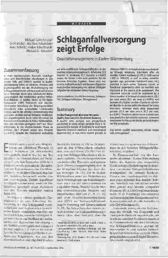 Vorschauseite 1: Schlaganfallversorgung zeigt ErfolgeQualitätsmanagement in Baden-Württemberg