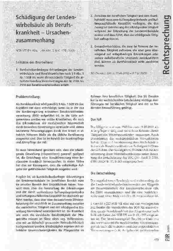Vorschauseite 1: Schädigung der Lendenwirbelsäule als Berufskrankheit - Ursachenzusammenhang