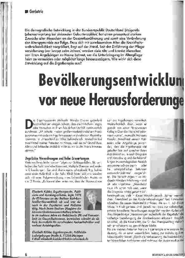 Vorschauseite 1: Bevölkerungsentwicklung stellt Ergotherapie vor neuen Herausforderungen