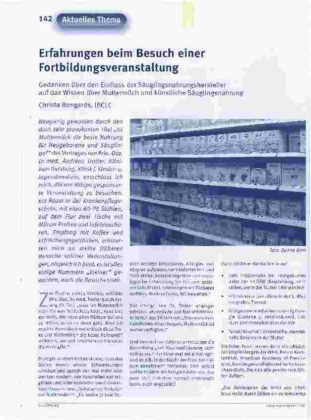 Vorschauseite 1: Erfahrungen beim Besuch einer FortbildungsveranstaltungGedanken über den Einfluss der Säuglingsnahrungsherstellerauf das Wissen über Muttermilch und künstliche Säuglingsnahrung