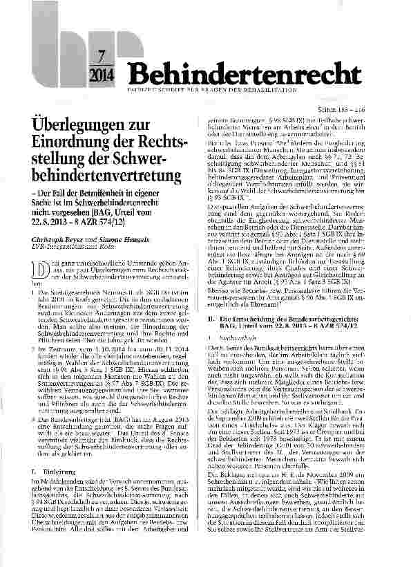 Vorschauseite 1: Überlegungen zur Einordnung der Rechtsstellung der Schwerbehindertenvertretung- Der Fall der Betroffenheit in eigener Sache ist im Schwerbehindertenrecht nicht vorgesehen (BAG; Ur…