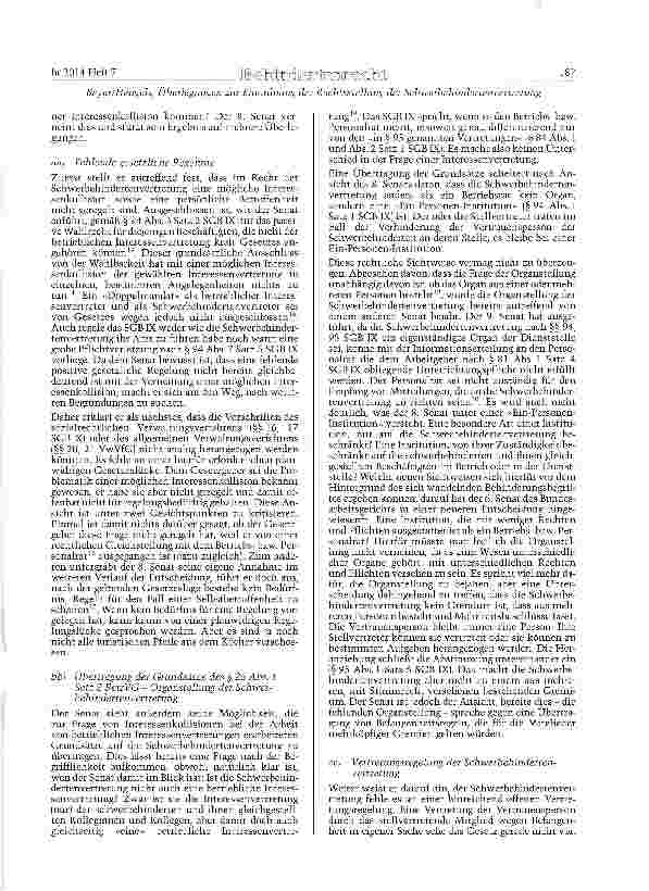Vorschauseite 3: Überlegungen zur Einordnung der Rechtsstellung der Schwerbehindertenvertretung- Der Fall der Betroffenheit in eigener Sache ist im Schwerbehindertenrecht nicht vorgesehen (BAG; Ur…
