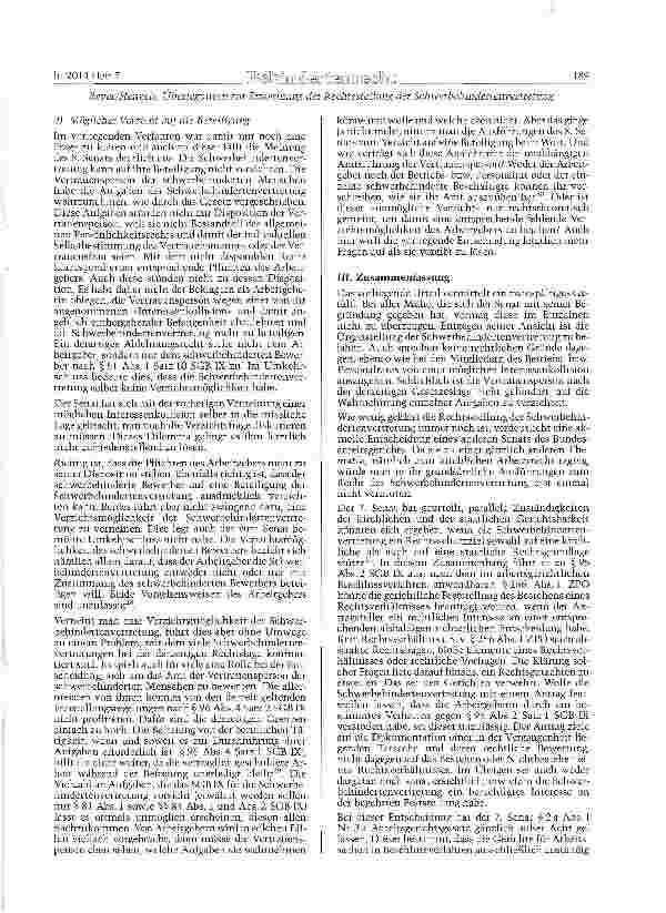 Vorschauseite 5: Überlegungen zur Einordnung der Rechtsstellung der Schwerbehindertenvertretung- Der Fall der Betroffenheit in eigener Sache ist im Schwerbehindertenrecht nicht vorgesehen (BAG; Ur…