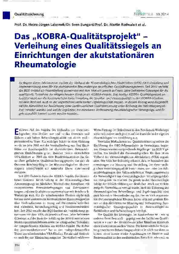 Vorschauseite 1: Das „KOBRA-Qualitätsprojekt -Verleihung eines Qualitätssiegels an Einrichtungen der akutstationären Rheumatologie