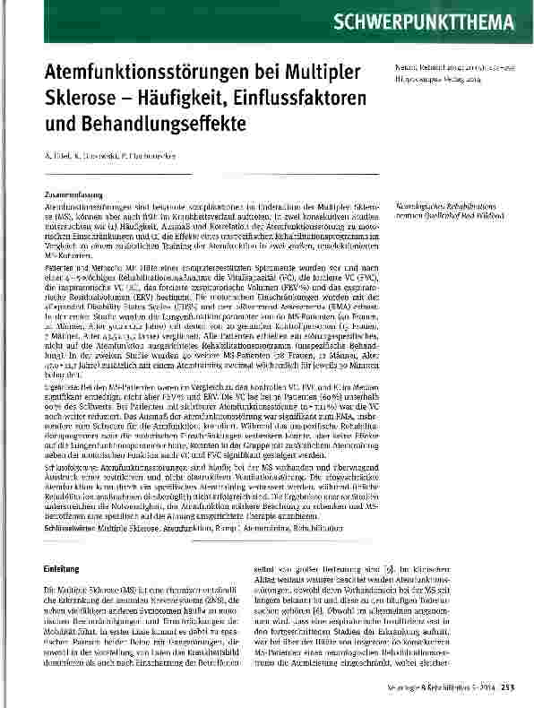 Vorschauseite 1: Atemfunktionsstörungen bei Multipler Sklerose - Häufigkeit, Einflussfaktoren und Behandlungseffekte