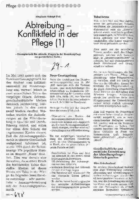 Vorschauseite 1: Abtreibung - Konfliktfeld in der Pflege (1) Exemplarisch für ethische Fragen in der KrPfl - aus persönlicher Sicht