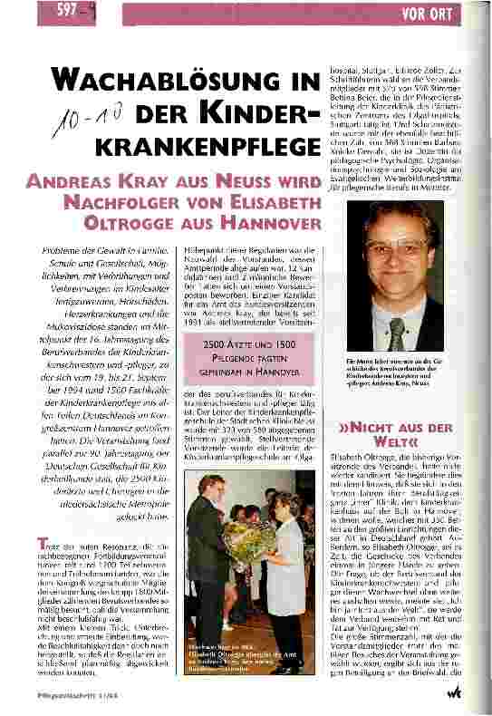 Vorschauseite 1: Wachablösung in der Kinderkrankenpflege Andreas Kray/Neuss wird Nachfolger von Elisabeth Oltroge/Hannover