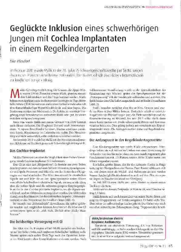 Vorschauseite 1: Geglückte Inklusion eines schwerhörigen Jungen mit Cochlea Implantatenin einem Regelkindergarten