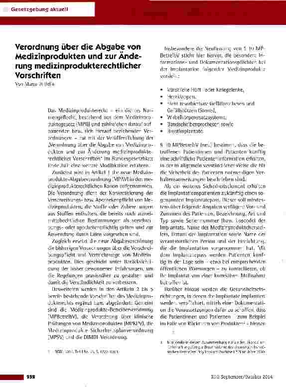 Vorschauseite 1: Verordnung über die Abgabe von Medizinprodukten und zur Ände-rung medizinprodukterechtlicher Vorschriften
