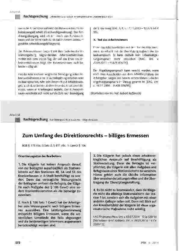 Vorschauseite 1: Zum Umfang des Direktionsrechts - billiges Ermessen BGB § 315 Abs. 3 Satz 2, § 611 Abs. 1; GewO § 106