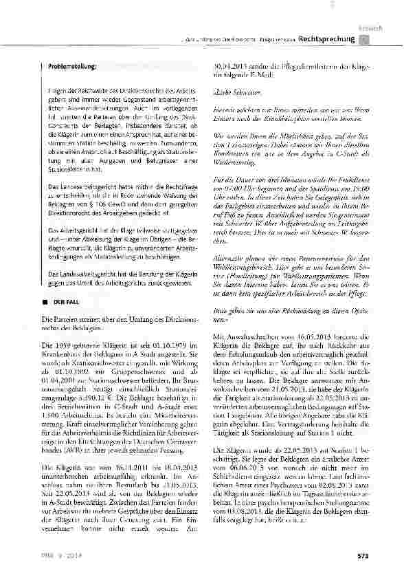 Vorschauseite 2: Zum Umfang des Direktionsrechts - billiges Ermessen BGB § 315 Abs. 3 Satz 2, § 611 Abs. 1; GewO § 106