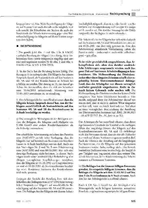 Vorschauseite 4: Zum Umfang des Direktionsrechts - billiges Ermessen BGB § 315 Abs. 3 Satz 2, § 611 Abs. 1; GewO § 106