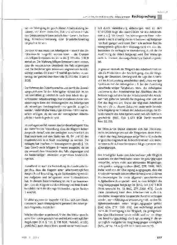 Vorschauseite 6: Zum Umfang des Direktionsrechts - billiges Ermessen BGB § 315 Abs. 3 Satz 2, § 611 Abs. 1; GewO § 106