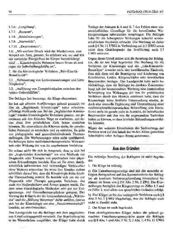 Vorschauseite 2: Irreführende Heilmittelwerbung für kinesiologische Behandlung mit fachlich umstrittenen Wirkungsangaben