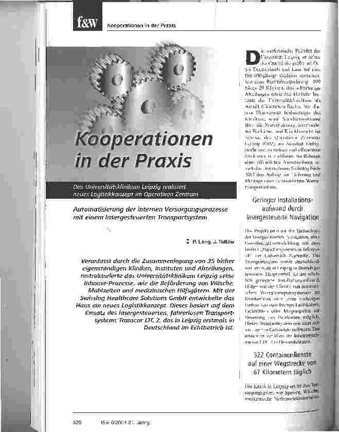 Vorschauseite 1: Kooperationen in der PraxisDas Universitätsklinikum Leipzig realisiert neues Logistikkonzept im Operativen Zentrum