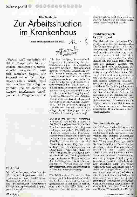 Vorschauseite 1: Zur Arbeitssituation im Krankenhaus Eine Stellungnahme der DAG