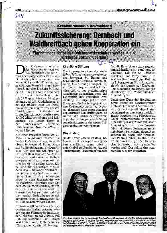 Vorschauseite 1: Zukunftssicherung: Dernbach und Waldbreibach gehen Kooperation ein Einrichtungen der beiden Ordensgemeinschaften werden in eine kirchliche Stiftung überführt.