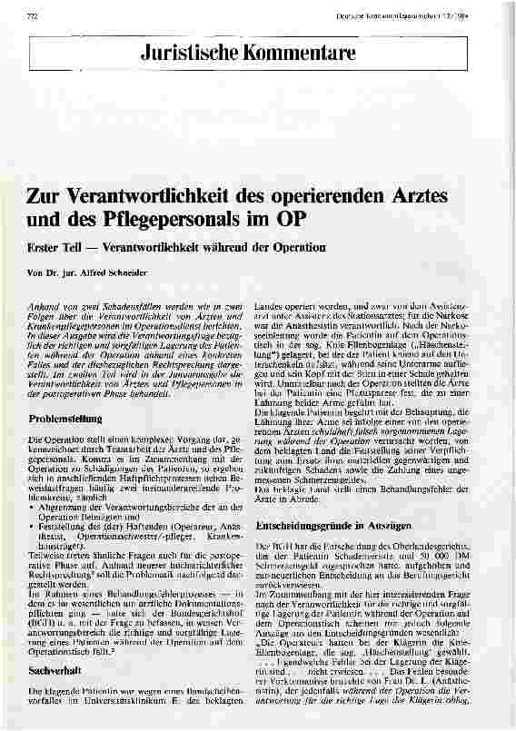 Vorschauseite 1: Zur Verantwortlichkeit des operierenden Arztes und des Pflegepersonals im OP, 1 Teil: Verantwortlichkeit während der Operation